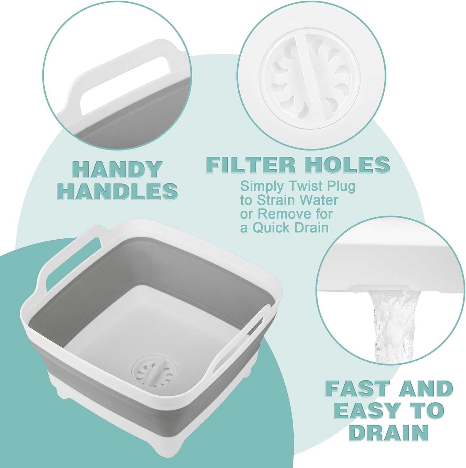 Collapsible Wash Basin with Draining Plug Carry Handles