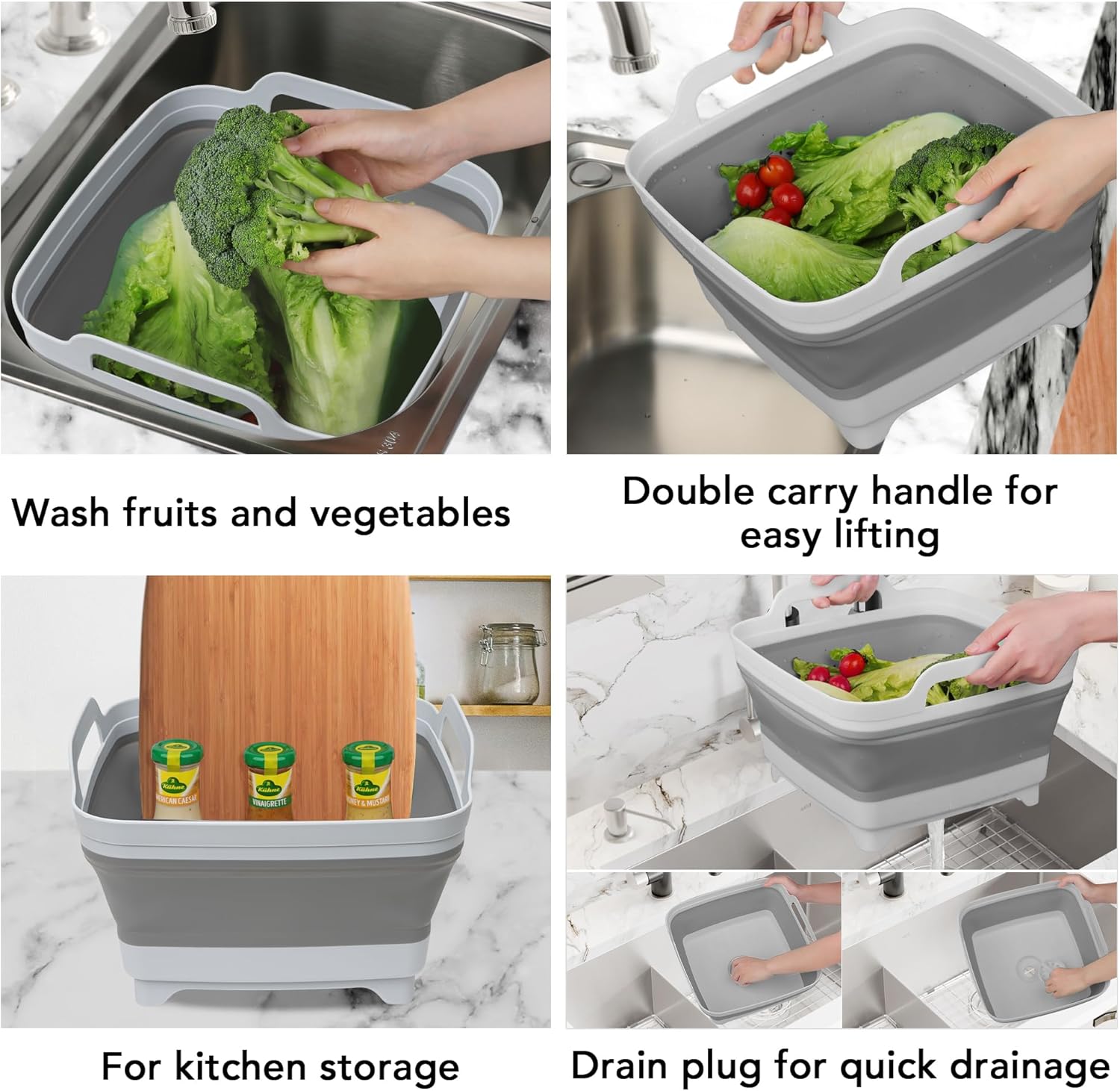 Collapsible Wash Basin with Draining Plug Carry Handles